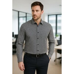 Express 1MX Slim Fit Men Button Down Shirt XXL Black White Geometric Stretch EUC